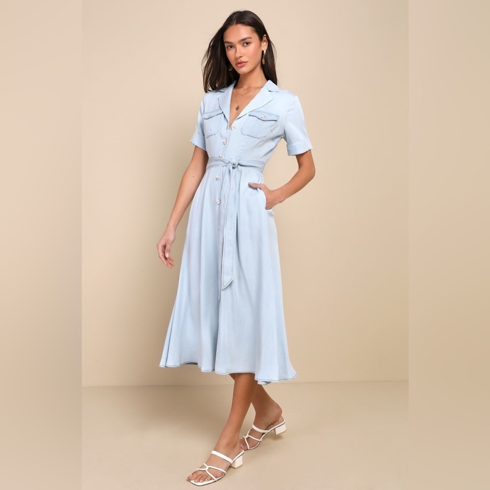 LULU’S Pleasant Cutie Blue Chambray Collared Midi Dress With Pockets - Picture 3 of 6